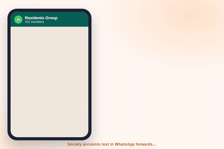 Animation: messy WhatsApp expense messages turn into a clean SocietyEye festival account, then shared back as one link